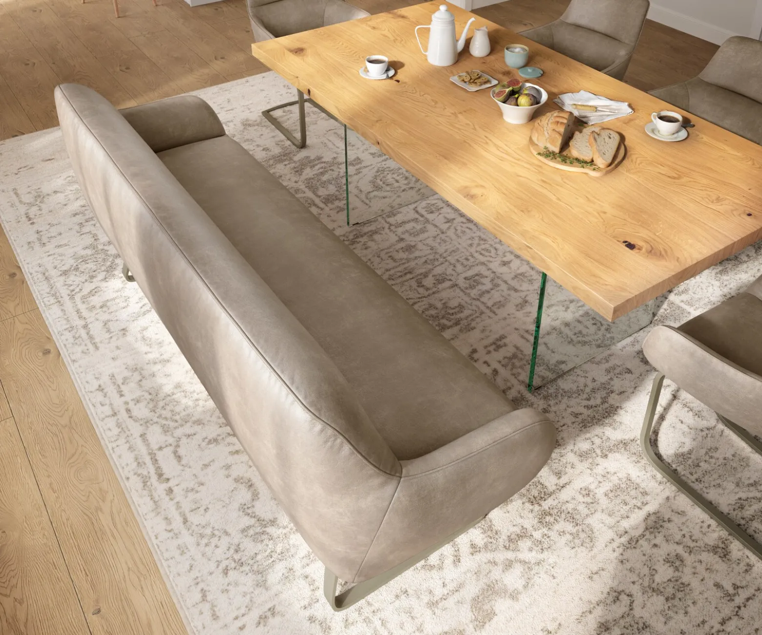 EsszimmerbankTaya-Flex 200 cm Mikrofaser Beige Vintage Kufengestell flach Effektfinish Titan Taschenfederkern Sofort versandfertig