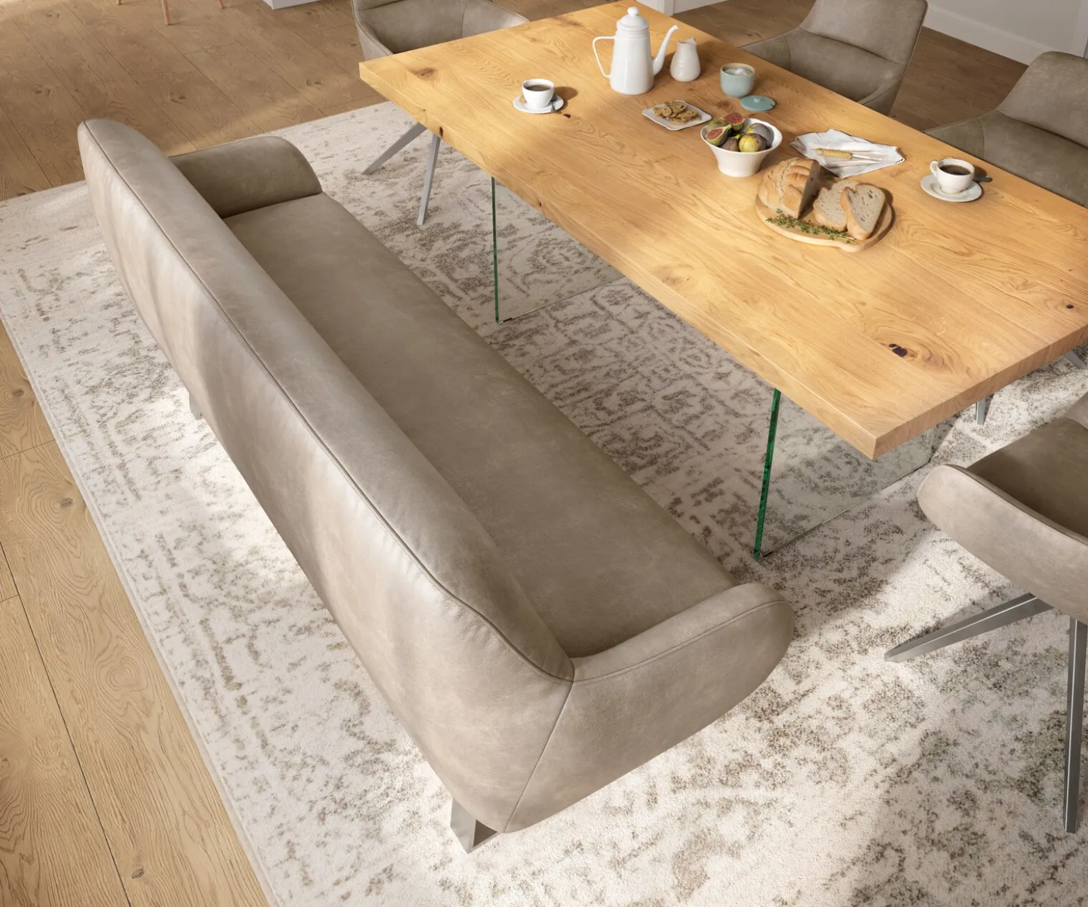 EsszimmerbankTaya-Flex 200 cm Mikrofaser Beige Vintage Kufengestell kantig Edelstahl Taschenfederkern Versandfertig ca. 12.02.27