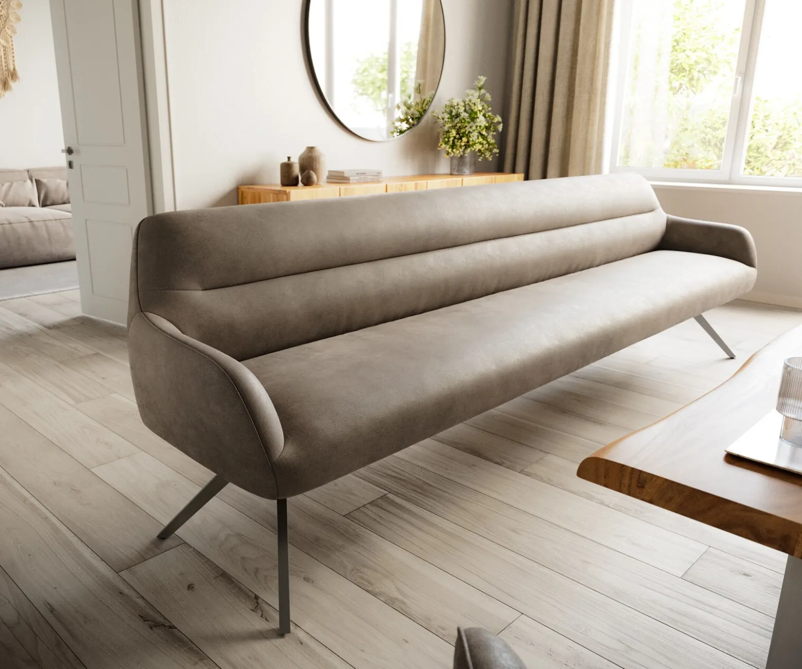 EsszimmerbankTaya-Flex 300 cm Mikrofaser Taupe Vintage Kreuzgestell kantig Graphit Taschenfederkern Sofort versandfertig