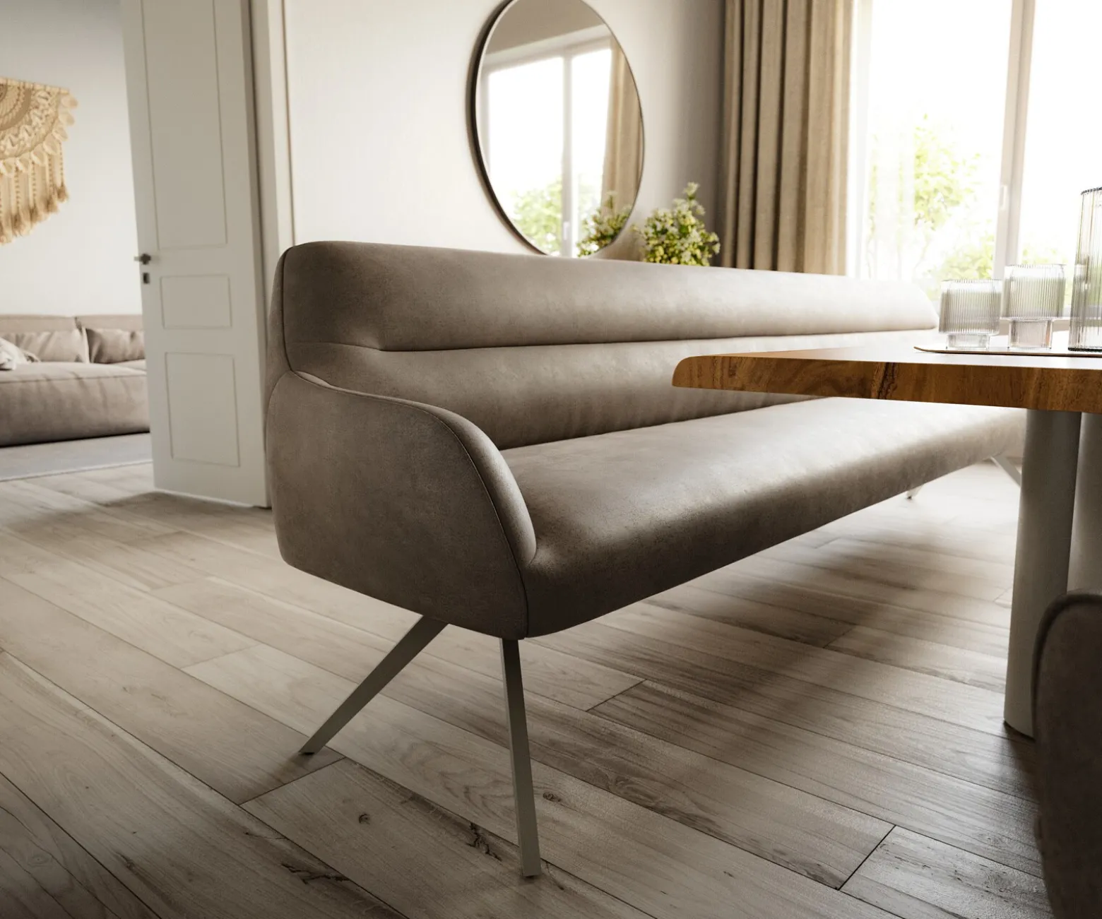 EsszimmerbankTaya-Flex 300 cm Mikrofaser Taupe Vintage Kreuzgestell kantig Effektfinish Titan Taschenfederkern Sofort versandfertig