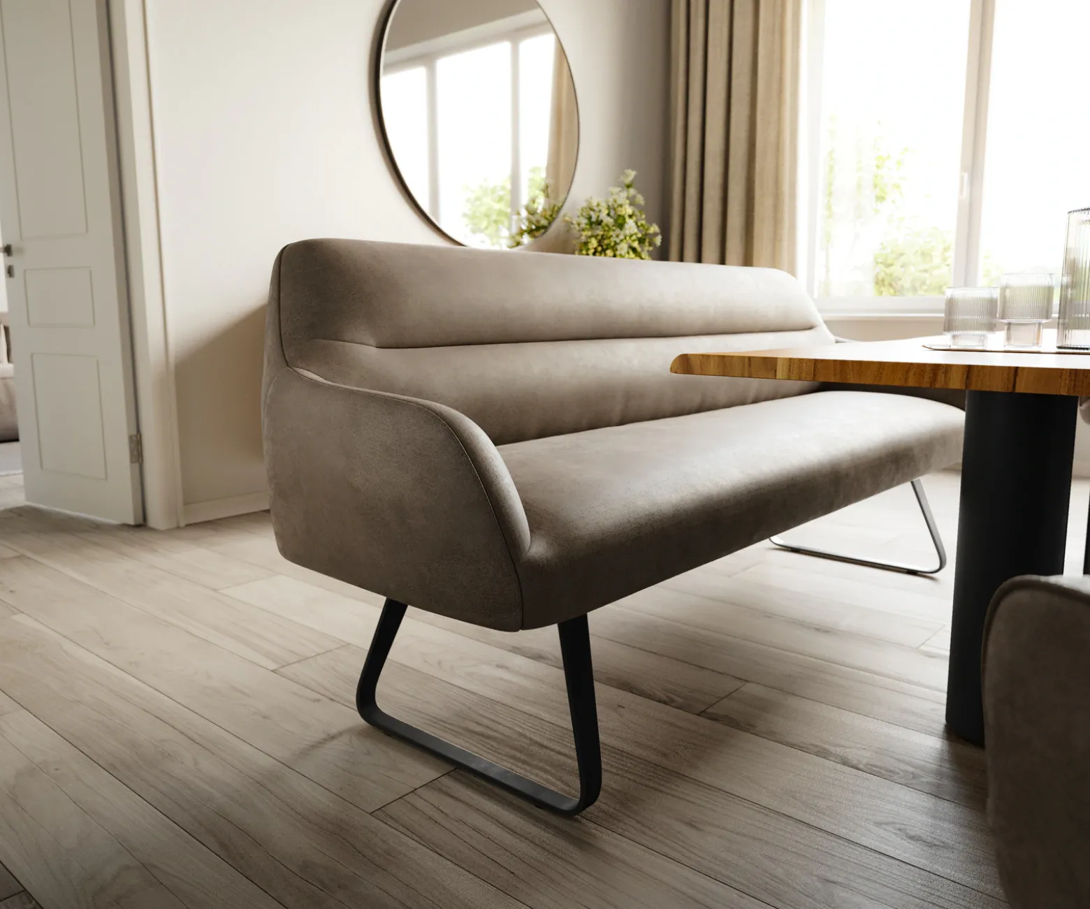 EsszimmerbankTaya-Flex 200 cm Mikrofaser Taupe Vintage Kufengestell flach Schwarz Taschenfederkern Versandfertig ca. 28.10.26