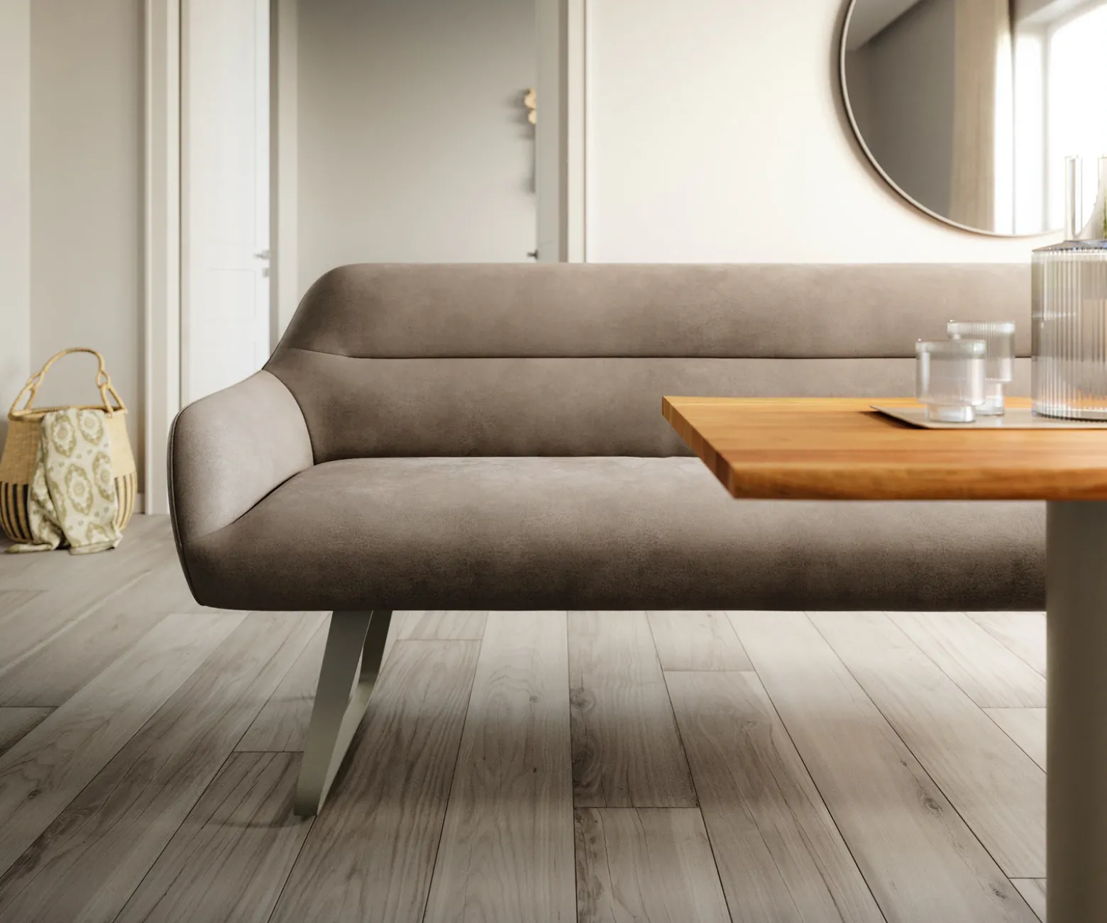 EsszimmerbankTaya-Flex 200 cm Mikrofaser Taupe Vintage Kufengestell flach Effektfinish Titan Taschenfederkern Versandfertig ca. 28.10.26