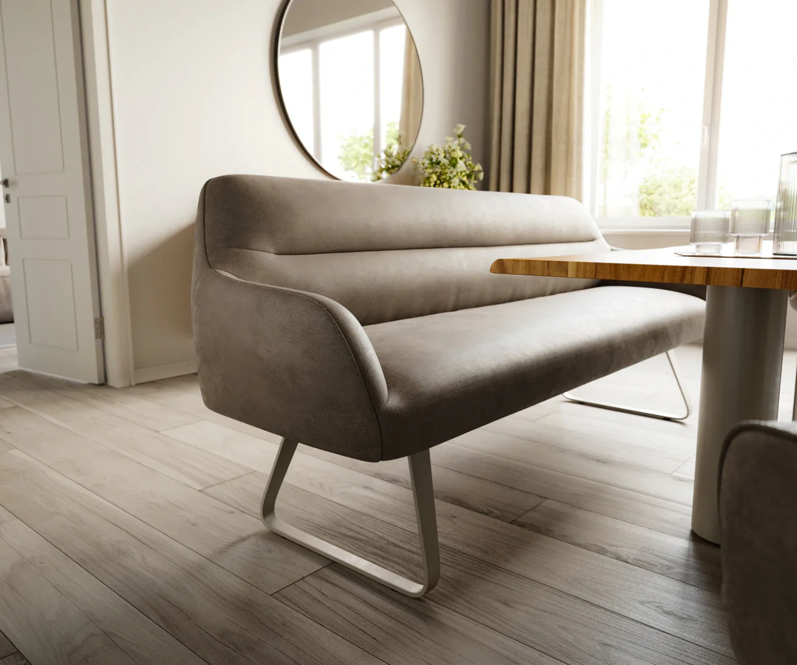 EsszimmerbankTaya-Flex 200 cm Mikrofaser Taupe Vintage Kufengestell flach Effektfinish Titan Taschenfederkern Versandfertig ca. 28.10.26