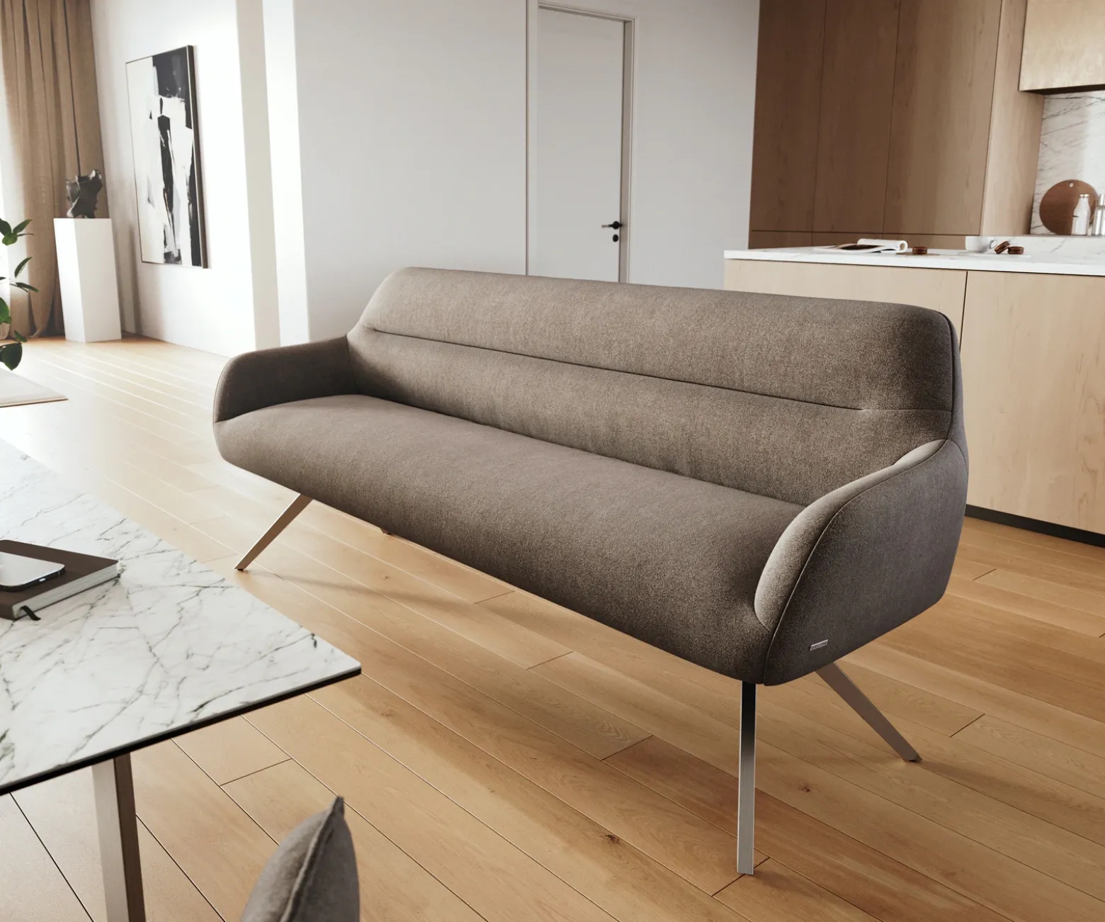 EsszimmerbankTaya-Flex 200 cm Strukturstoff Soft Taupe Kreuzgestell kantig Edelstahl Taschenfederkern Sofort versandfertig