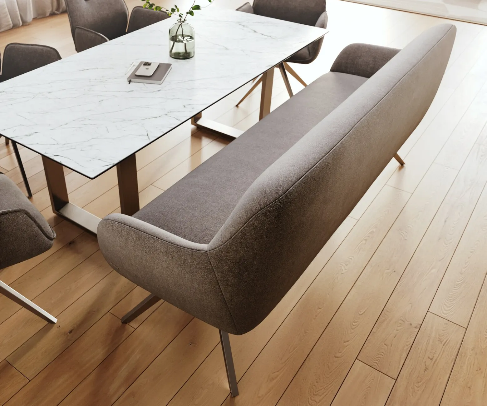 EsszimmerbankTaya-Flex 200 cm Strukturstoff Soft Taupe Kreuzgestell kantig Edelstahl Taschenfederkern Sofort versandfertig