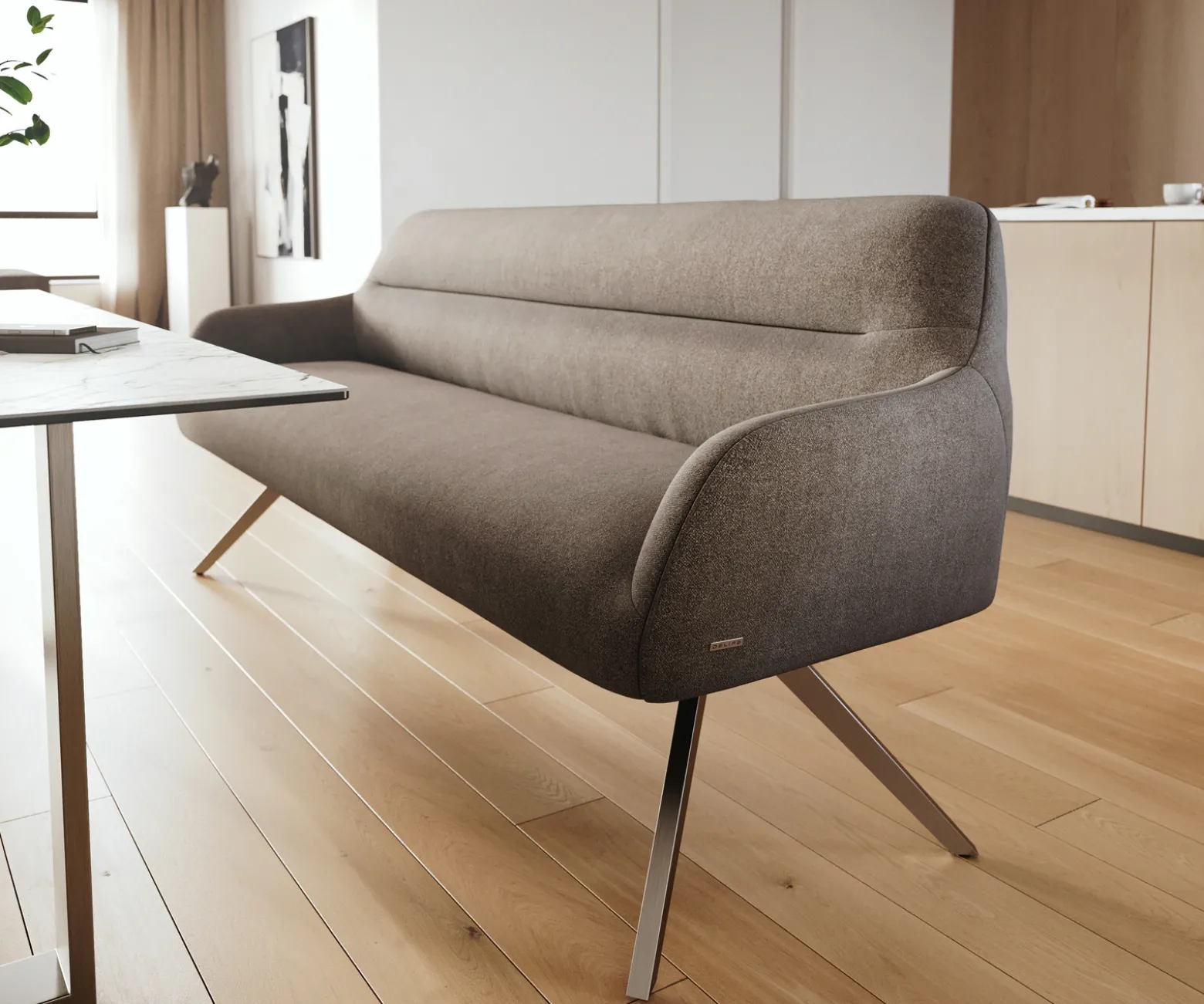 EsszimmerbankTaya-Flex 200 cm Strukturstoff Soft Taupe Kreuzgestell kantig Edelstahl Taschenfederkern Sofort versandfertig