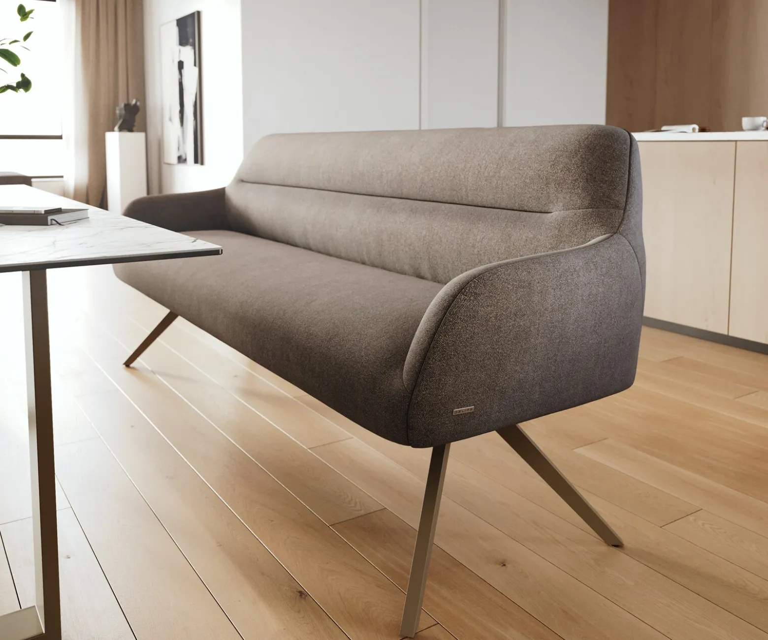 EsszimmerbankTaya-Flex 200 cm Strukturstoff Soft Taupe Kreuzgestell kantig Effektfinish Titan Taschenfederkern Sofort versandfertig