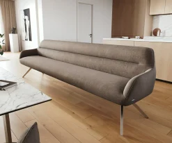 EsszimmerbankTaya-Flex 300 cm Strukturstoff Soft Taupe Kreuzgestell kantig Edelstahl Taschenfederkern Sofort versandfertig