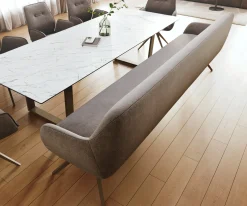 EsszimmerbankTaya-Flex 300 cm Strukturstoff Soft Taupe Kreuzgestell kantig Effektfinish Titan Taschenfederkern Sofort versandfertig
