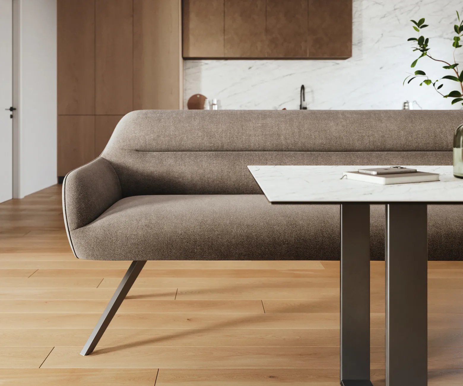 EsszimmerbankTaya-Flex 300 cm Strukturstoff Soft Taupe Kreuzgestell kantig Graphit Taschenfederkern Sofort versandfertig