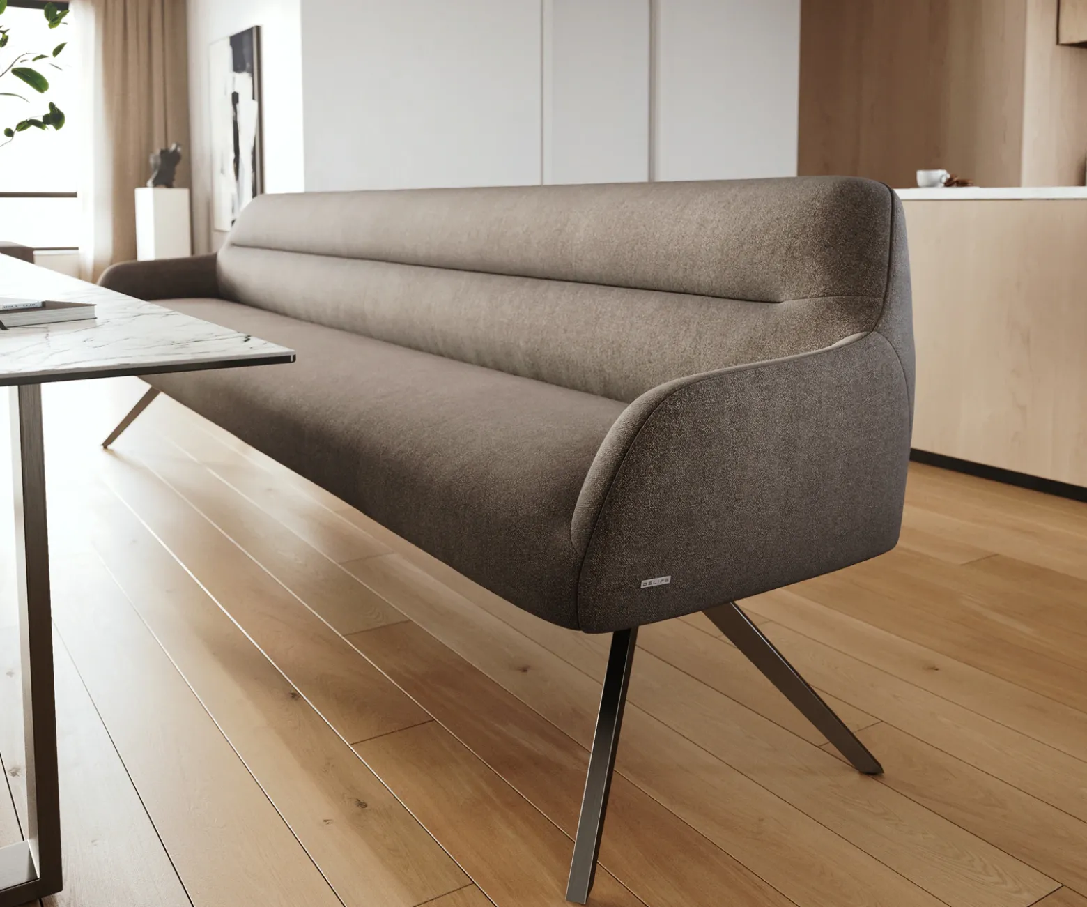EsszimmerbankTaya-Flex 300 cm Strukturstoff Soft Taupe Kreuzgestell kantig Graphit Taschenfederkern Sofort versandfertig