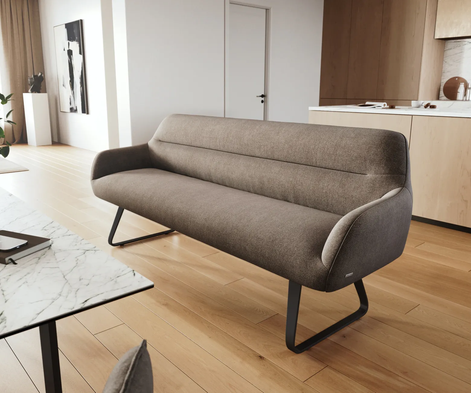 EsszimmerbankTaya-Flex 200 cm Strukturstoff Soft Taupe Kufengestell flach Schwarz Taschenfederkern Sofort versandfertig