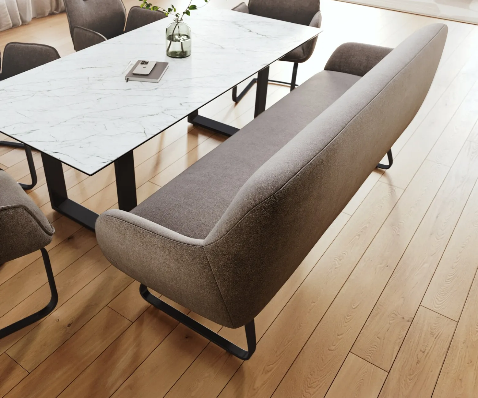 EsszimmerbankTaya-Flex 200 cm Strukturstoff Soft Taupe Kufengestell flach Schwarz Taschenfederkern Sofort versandfertig