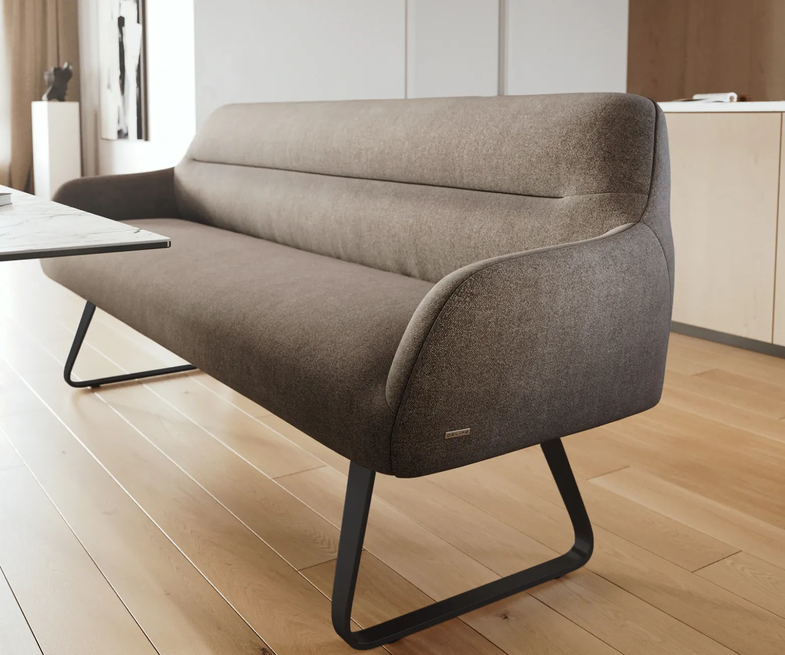 EsszimmerbankTaya-Flex 200 cm Strukturstoff Soft Taupe Kufengestell flach Schwarz Taschenfederkern Sofort versandfertig