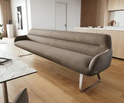 EsszimmerbankTaya-Flex 300 cm Strukturstoff Soft Taupe Kufengestell flach Edelstahl Taschenfederkern Sofort versandfertig