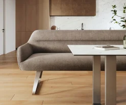 EsszimmerbankTaya-Flex 300 cm Strukturstoff Soft Taupe Kufengestell flach Edelstahl Taschenfederkern Sofort versandfertig