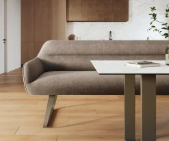 EsszimmerbankTaya-Flex 300 cm Strukturstoff Soft Taupe Kufengestell flach Effektfinish Titan Taschenfederkern Sofort versandfertig