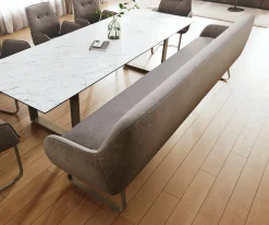 EsszimmerbankTaya-Flex 300 cm Strukturstoff Soft Taupe Kufengestell flach Effektfinish Titan Taschenfederkern Sofort versandfertig