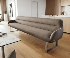 EsszimmerbankTaya-Flex 300 cm Strukturstoff Soft Taupe Kufengestell kantig Edelstahl Taschenfederkern Versandfertig ca. 12.02.27