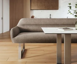 EsszimmerbankTaya-Flex 300 cm Strukturstoff Soft Taupe Kufengestell kantig Edelstahl Taschenfederkern Versandfertig ca. 12.02.27
