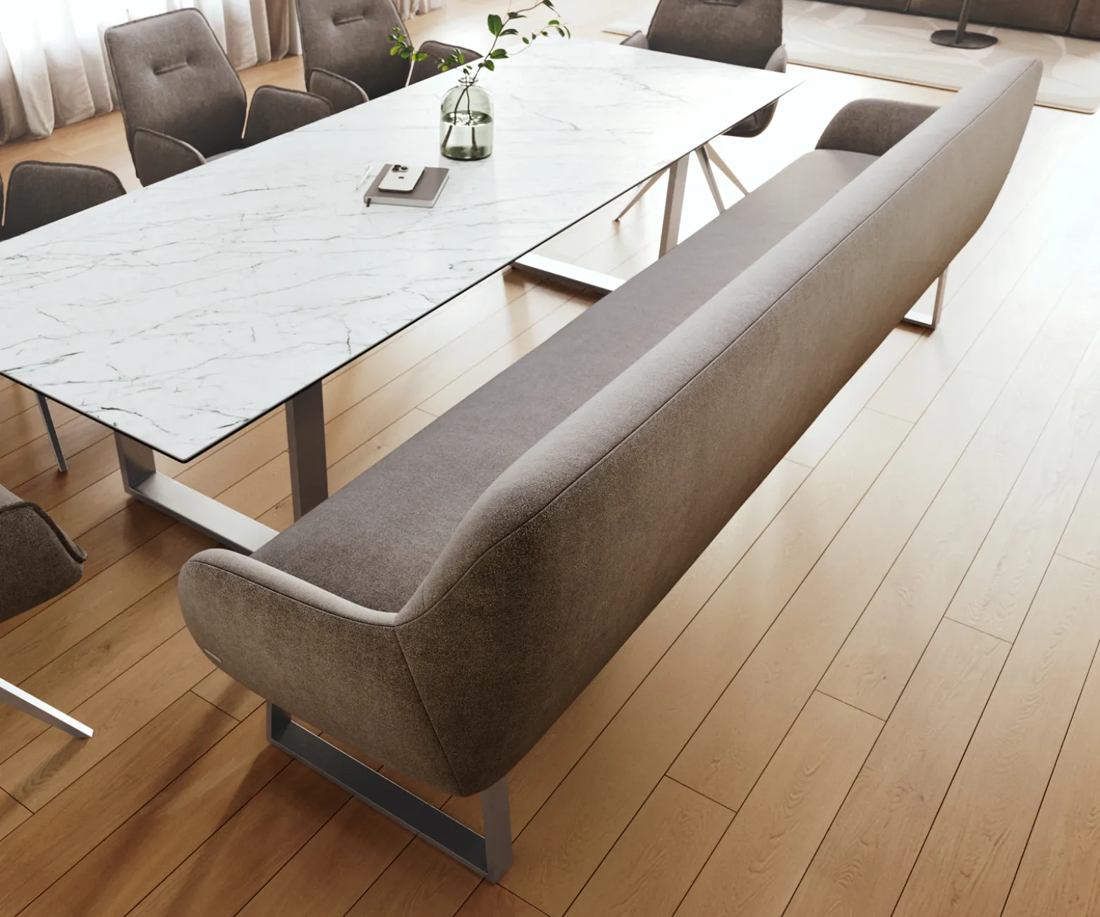 EsszimmerbankTaya-Flex 300 cm Strukturstoff Soft Taupe Kufengestell kantig Edelstahl Taschenfederkern Versandfertig ca. 12.02.27