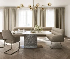 EsszimmerbankTaya-Flex 285x190 cm Bouclé Schlamm Kufengestell flach Effektfinish Titan Taschenfederkern Rechts Sofort versandfertig
