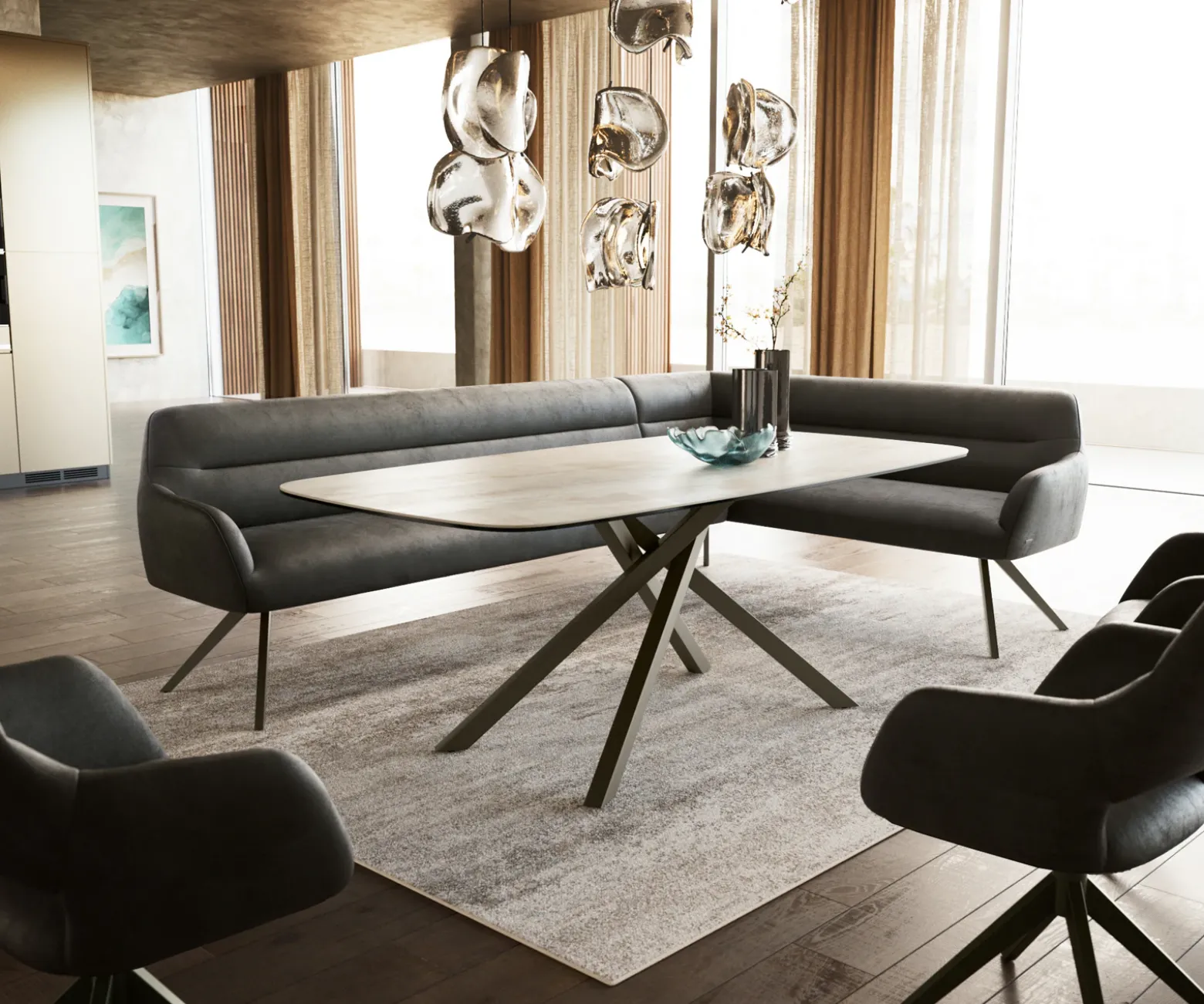 EsszimmerbankTaya-Flex 285x190 cm Mikrofaser Anthrazit Vintage Kreuzgestell kantig Effektfinish Titan Taschenfederkern Rechts Sofort versandfertig
