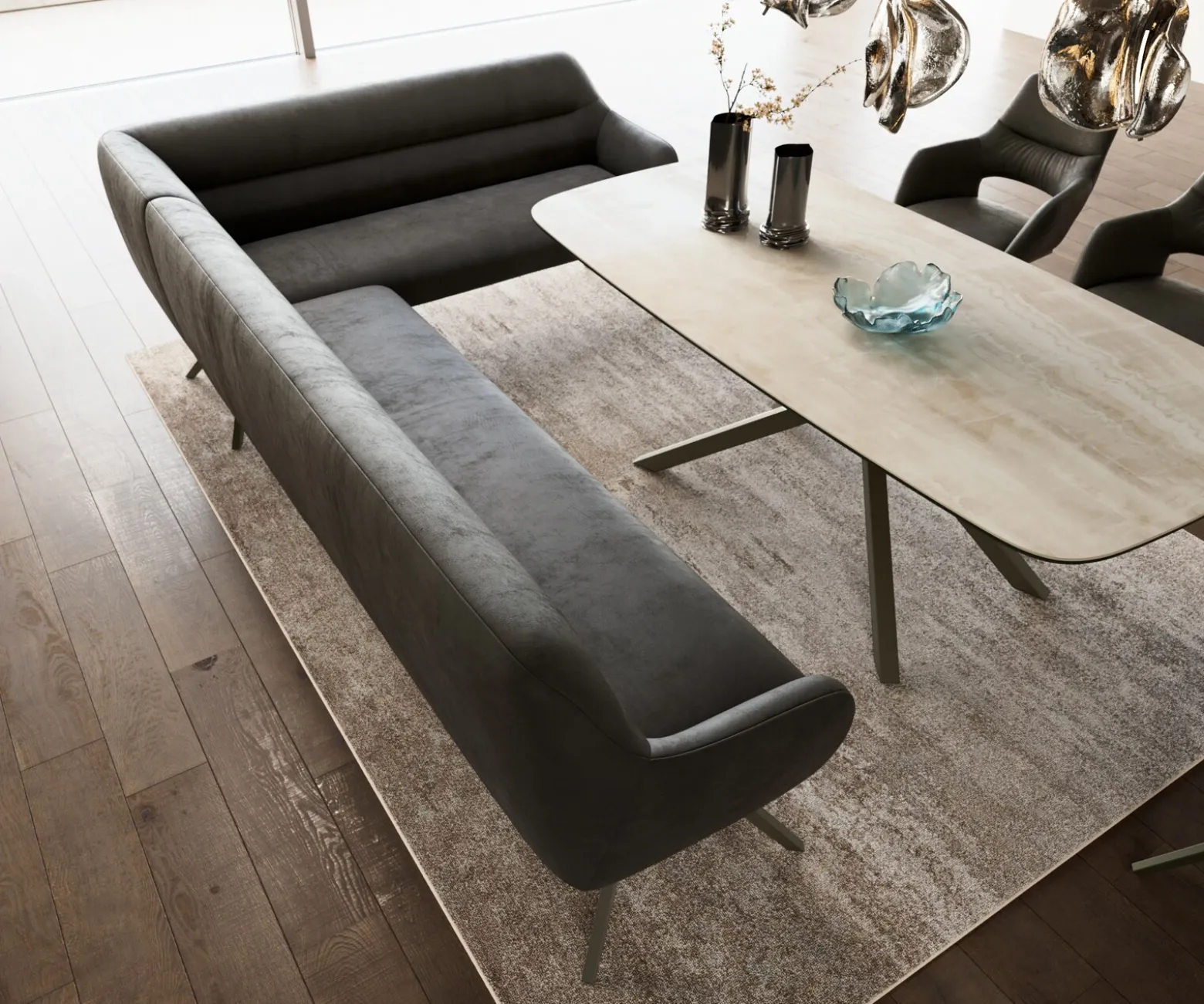EsszimmerbankTaya-Flex 285x190 cm Mikrofaser Anthrazit Vintage Kreuzgestell kantig Effektfinish Titan Taschenfederkern Rechts Sofort versandfertig