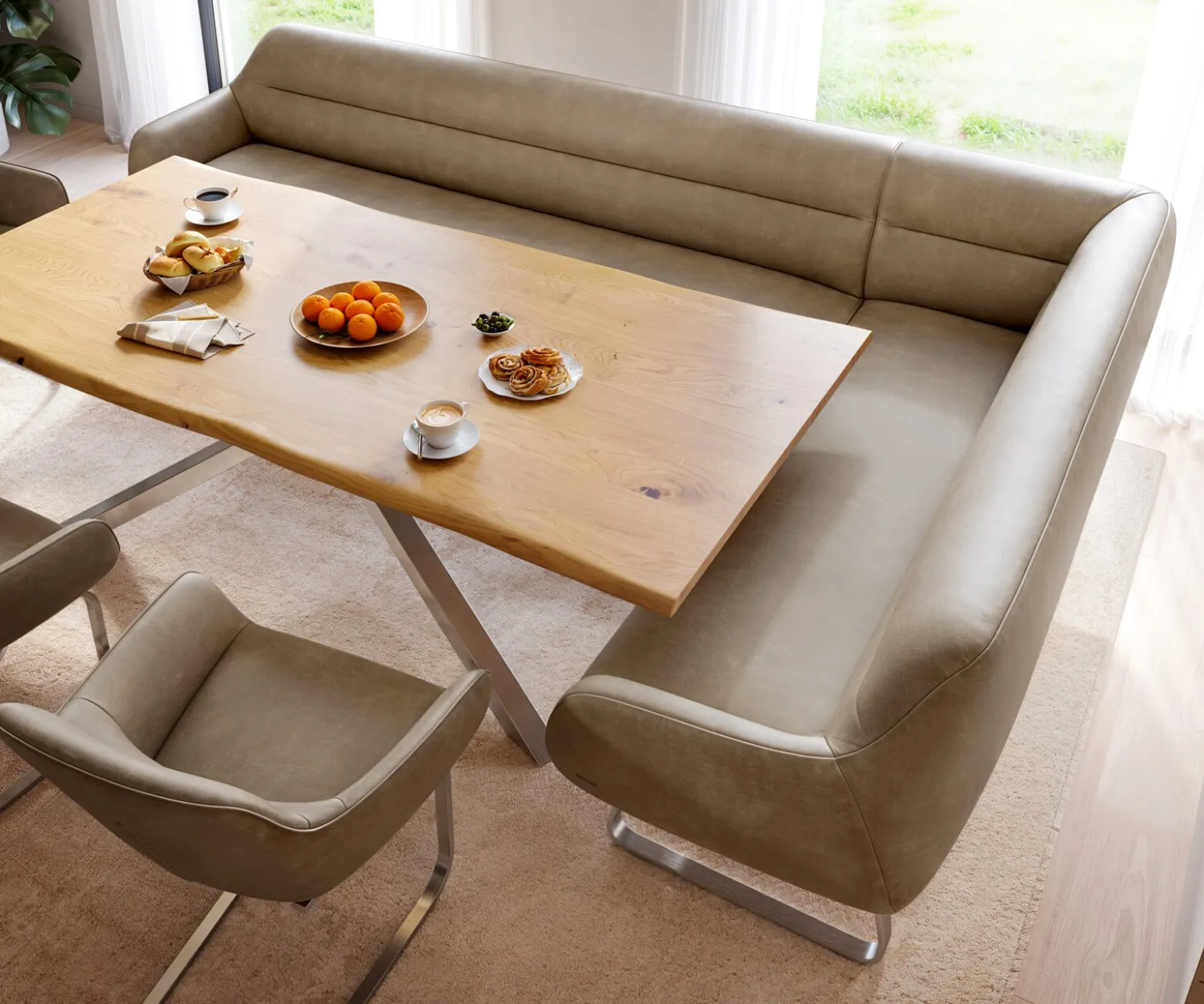 EsszimmerbankTaya-Flex 285x190 cm Mikrofaser Beige Vintage Kufengestell flach Edelstahl Taschenfederkern Rechts Sofort versandfertig