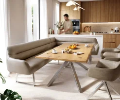 EsszimmerbankTaya-Flex 285x190 cm Mikrofaser Beige Vintage Kufengestell kantig Edelstahl Taschenfederkern Rechts Versandfertig ca. 12.02.27
