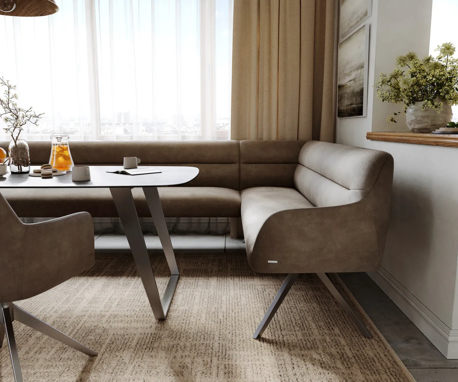 EsszimmerbankTaya-Flex 285x190 cm Mikrofaser Taupe Vintage Kreuzgestell kantig Graphit Taschenfederkern Rechts Sofort versandfertig