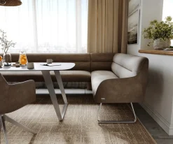 EsszimmerbankTaya-Flex 285x190 cm Mikrofaser Taupe Vintage Kufengestell flach Edelstahl Taschenfederkern Rechts Sofort versandfertig