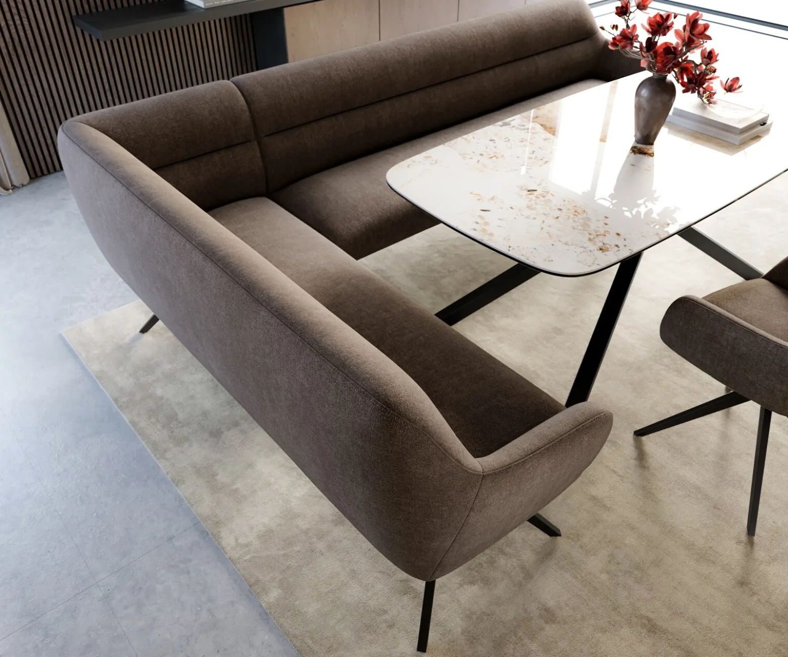 EsszimmerbankTaya-Flex 285x190 cm Strukturstoff Soft Taupe Kreuzgestell kantig Schwarz Taschenfederkern Links Sofort versandfertig