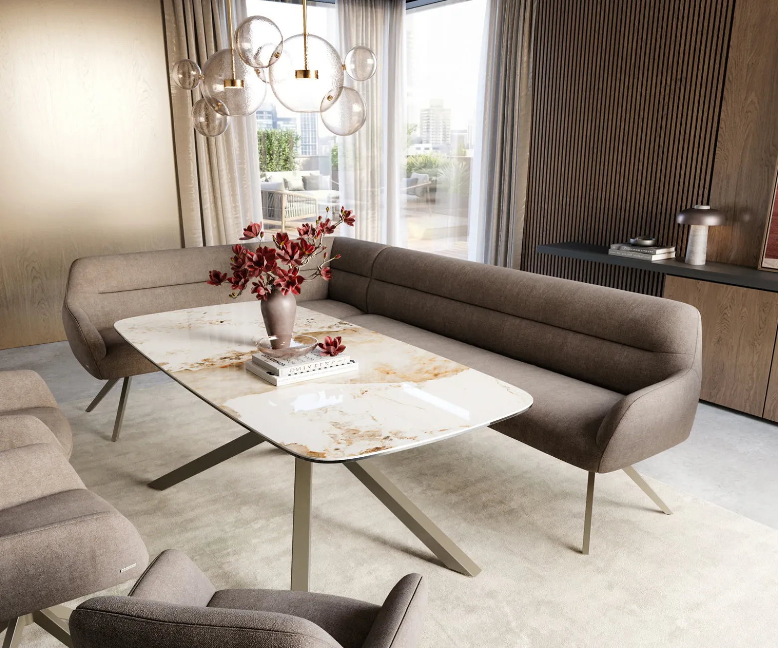 EsszimmerbankTaya-Flex 285x190 cm Strukturstoff Soft Taupe Kreuzgestell kantig Effektfinish Titan Taschenfederkern Links Sofort versandfertig