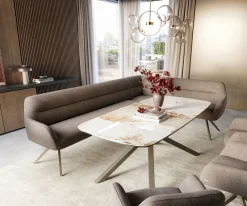 EsszimmerbankTaya-Flex 285x190 cm Strukturstoff Soft Taupe Kreuzgestell kantig Effektfinish Titan Taschenfederkern Rechts Sofort versandfertig