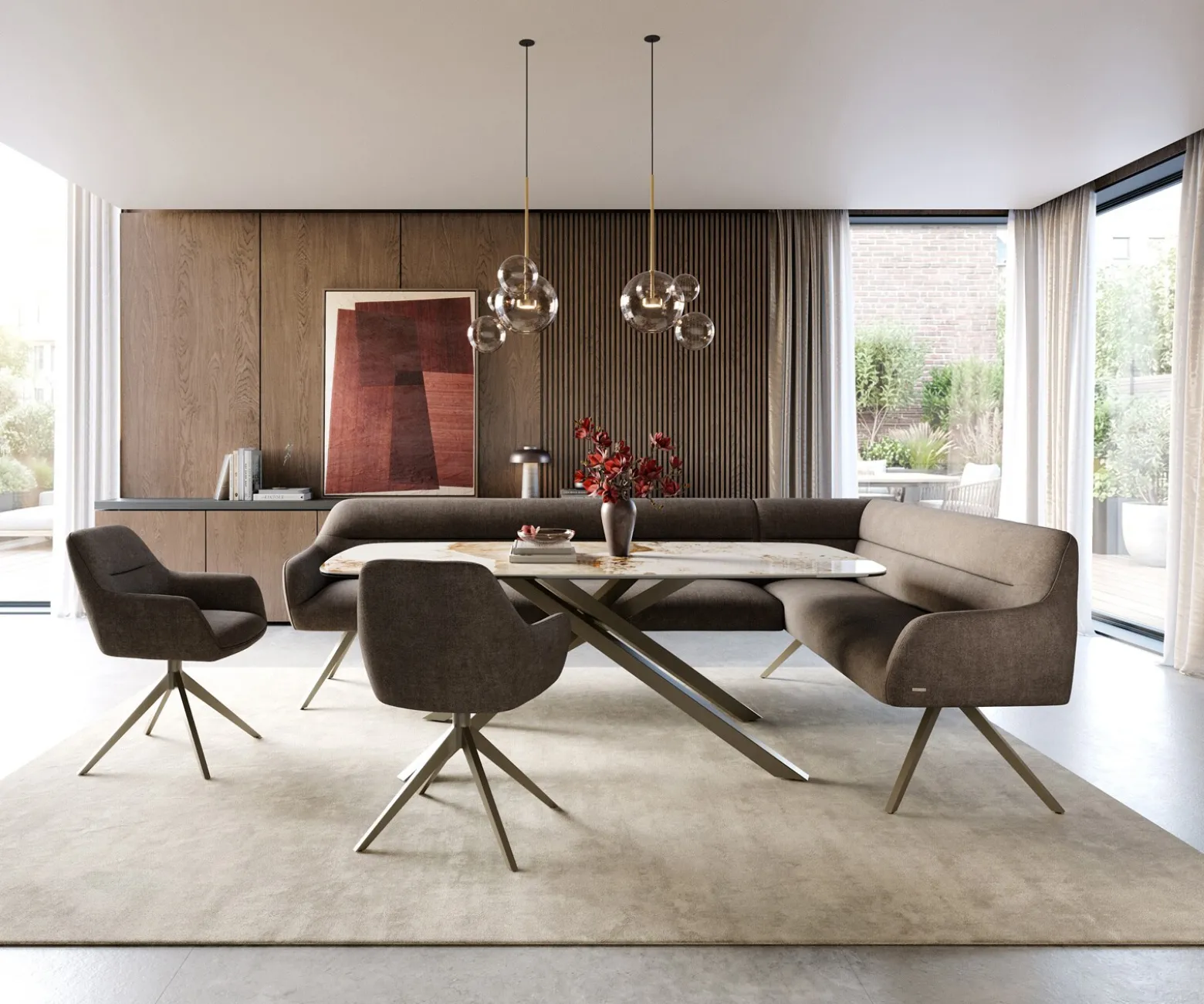 EsszimmerbankTaya-Flex 285x190 cm Strukturstoff Soft Taupe Kreuzgestell kantig Effektfinish Titan Taschenfederkern Rechts Sofort versandfertig