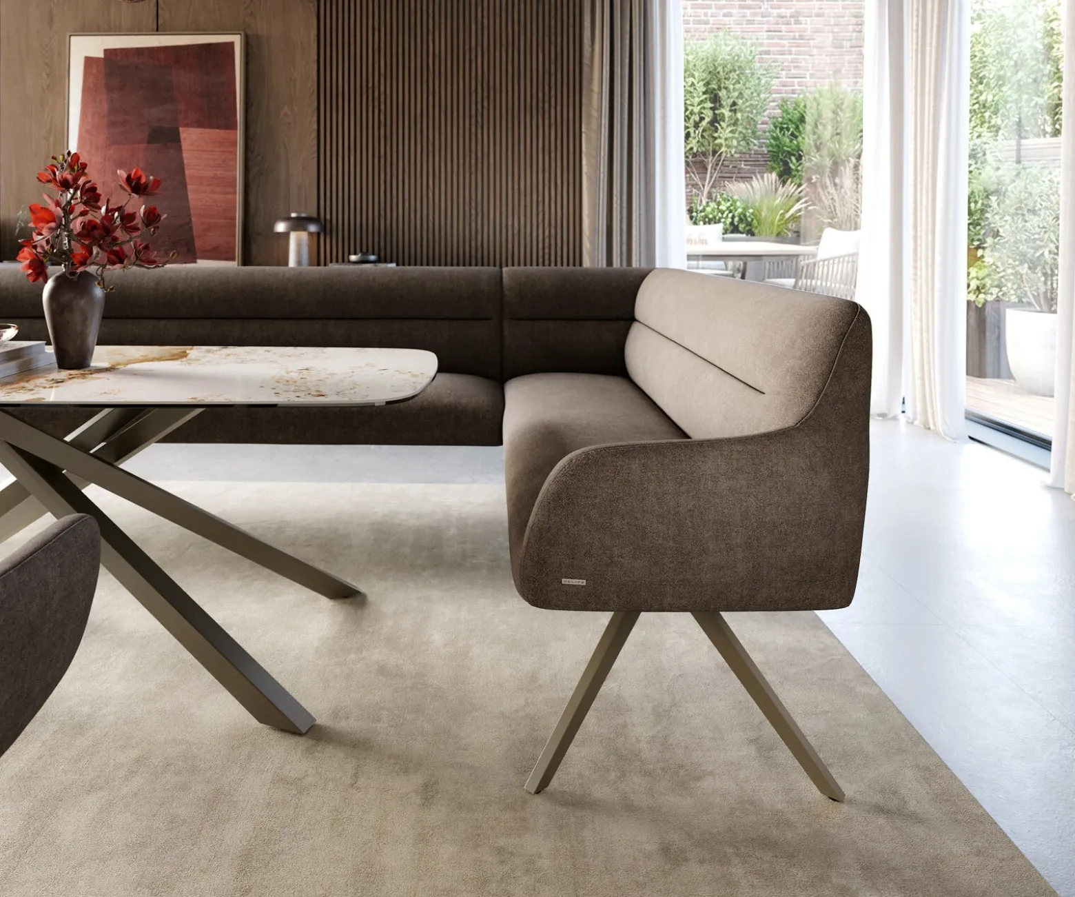 EsszimmerbankTaya-Flex 285x190 cm Strukturstoff Soft Taupe Kreuzgestell kantig Effektfinish Titan Taschenfederkern Rechts Sofort versandfertig