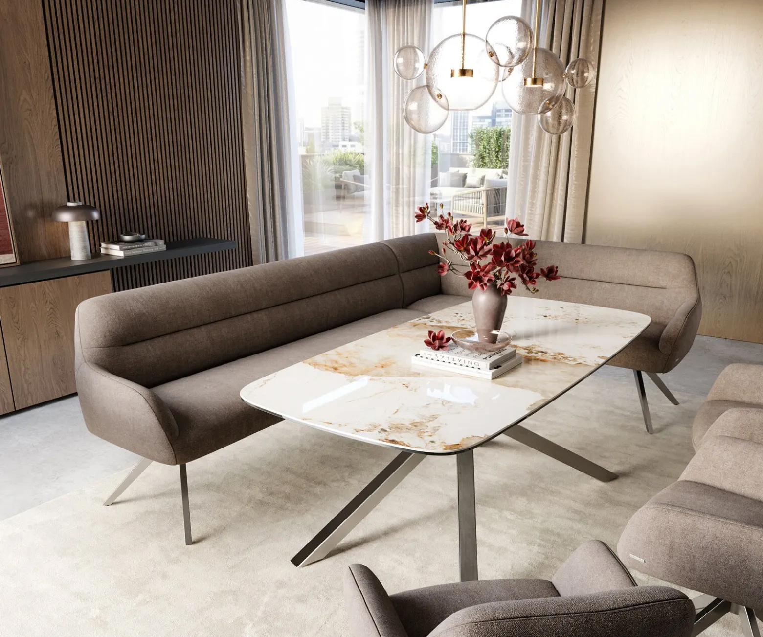 EsszimmerbankTaya-Flex 285x190 cm Strukturstoff Soft Taupe Kreuzgestell kantig Edelstahl Taschenfederkern Rechts Sofort versandfertig