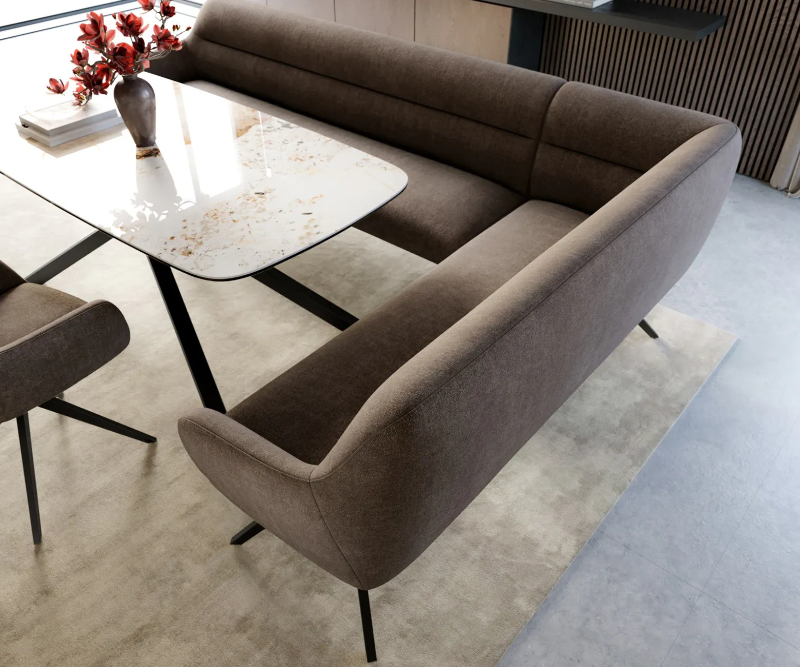 EsszimmerbankTaya-Flex 285x190 cm Strukturstoff Soft Taupe Kreuzgestell kantig Schwarz Taschenfederkern Rechts Sofort versandfertig