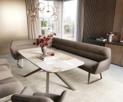 EsszimmerbankTaya-Flex 285x190 cm Strukturstoff Soft Taupe Kufengestell flach Effektfinish Titan Taschenfederkern Links Sofort versandfertig