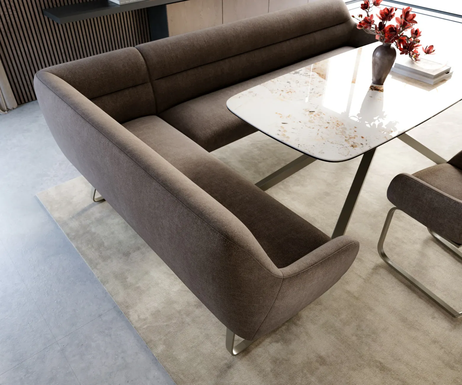 EsszimmerbankTaya-Flex 285x190 cm Strukturstoff Soft Taupe Kufengestell flach Effektfinish Titan Taschenfederkern Links Sofort versandfertig