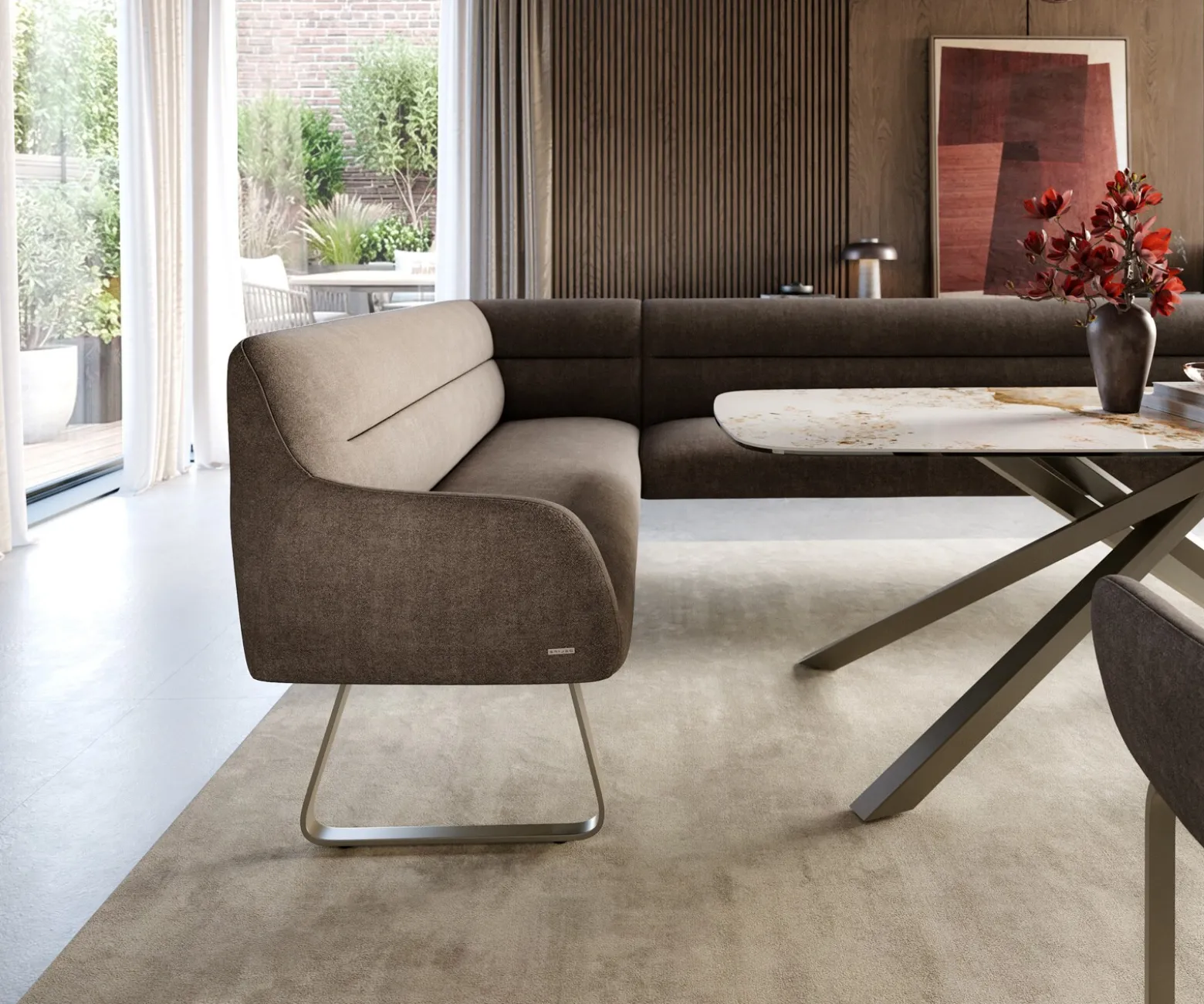 EsszimmerbankTaya-Flex 285x190 cm Strukturstoff Soft Taupe Kufengestell flach Effektfinish Titan Taschenfederkern Links Sofort versandfertig