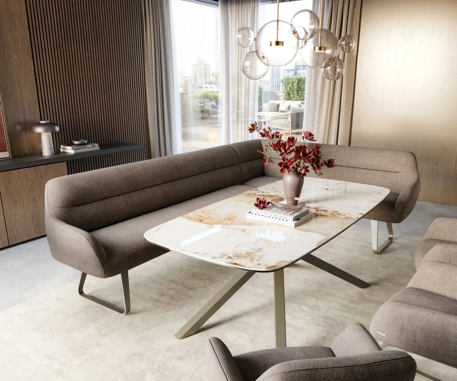 EsszimmerbankTaya-Flex 285x190 cm Strukturstoff Soft Taupe Kufengestell flach Effektfinish Titan Taschenfederkern Rechts Sofort versandfertig