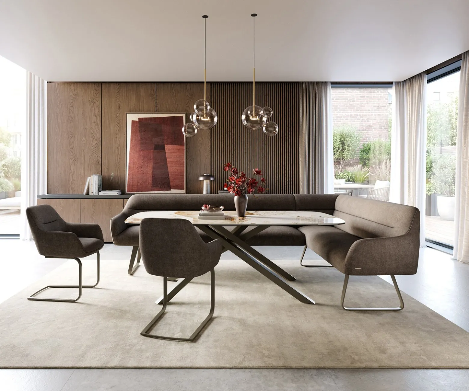 EsszimmerbankTaya-Flex 285x190 cm Strukturstoff Soft Taupe Kufengestell flach Effektfinish Titan Taschenfederkern Rechts Sofort versandfertig