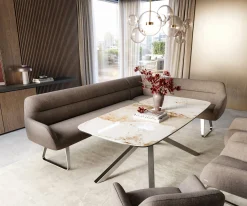 EsszimmerbankTaya-Flex 285x190 cm Strukturstoff Soft Taupe Kufengestell flach Edelstahl Taschenfederkern Rechts Sofort versandfertig
