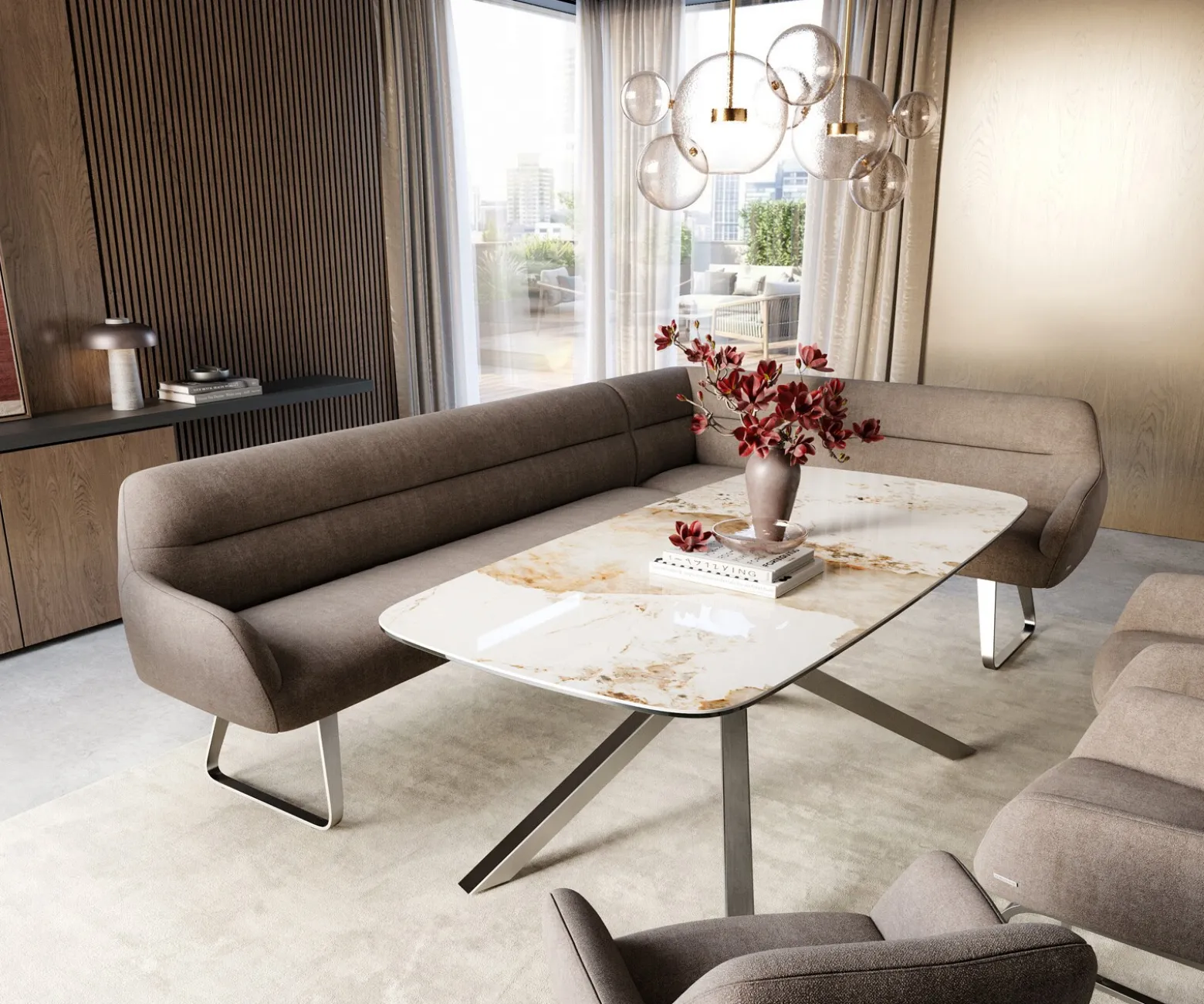 EsszimmerbankTaya-Flex 285x190 cm Strukturstoff Soft Taupe Kufengestell flach Edelstahl Taschenfederkern Rechts Sofort versandfertig
