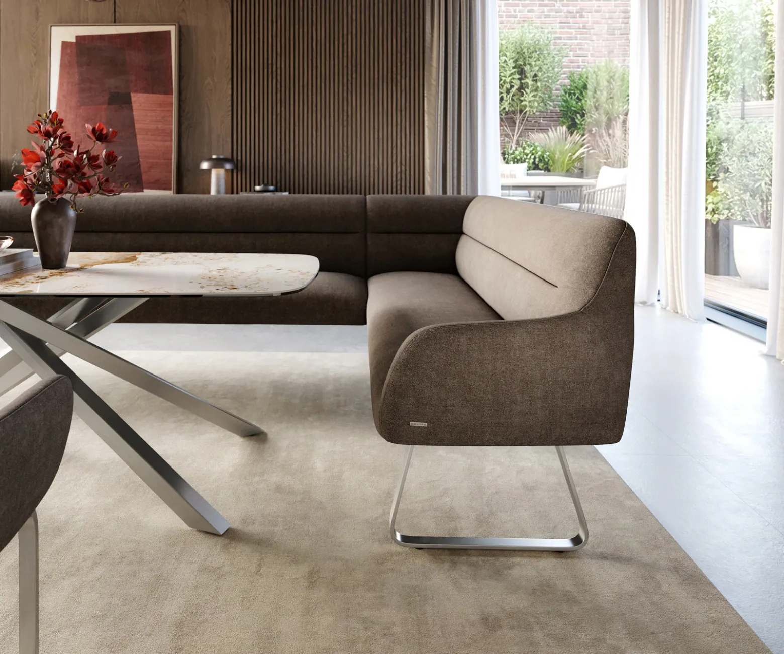 EsszimmerbankTaya-Flex 285x190 cm Strukturstoff Soft Taupe Kufengestell flach Edelstahl Taschenfederkern Rechts Sofort versandfertig