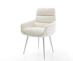 EsszimmerstuhlAbelia-Flex mit Armlehnen Bouclé Soft Beige 4-Fuß konisch Edelstahl Sofort versandfertig