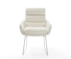 EsszimmerstuhlAbelia-Flex mit Armlehnen Bouclé Soft Beige Kufengestell Edelstahl Sofort versandfertig