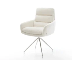 EsszimmerstuhlAbelia-Flex mit Armlehnen Bouclé Soft Beige Kreuzgestell konisch Edelstahl Sofort versandfertig